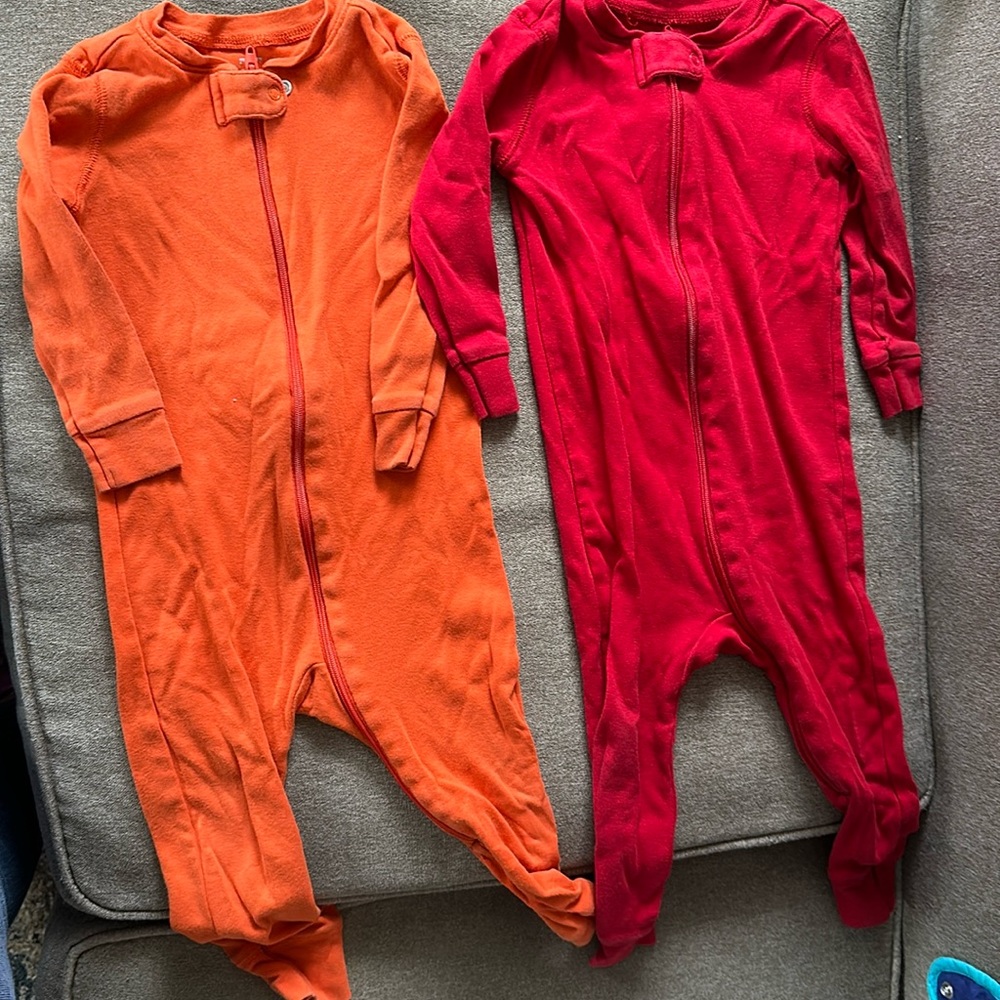 Two Primary 12-18m zip rompers in GUC